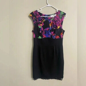 Trina Turk Black Multicolor Floral Print Cap Sleeve Silk Sheath Dress Size 10